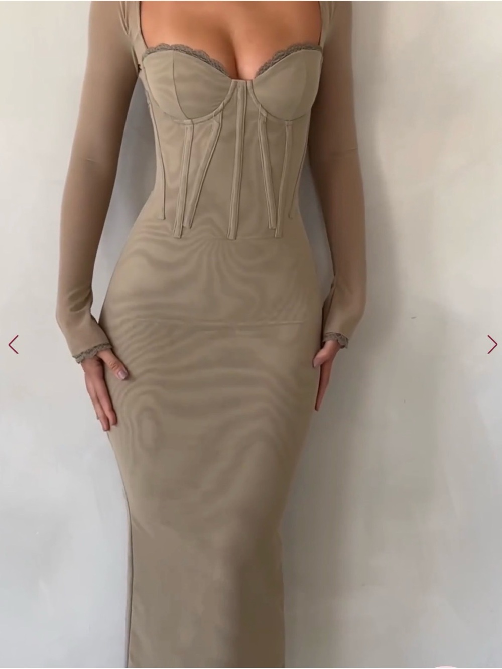 House of CB Taupe Beige/olive Long-Sleeve Corset Midi Dress